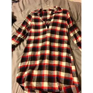Red, Black, Blue, Cream plaid long sleeve.